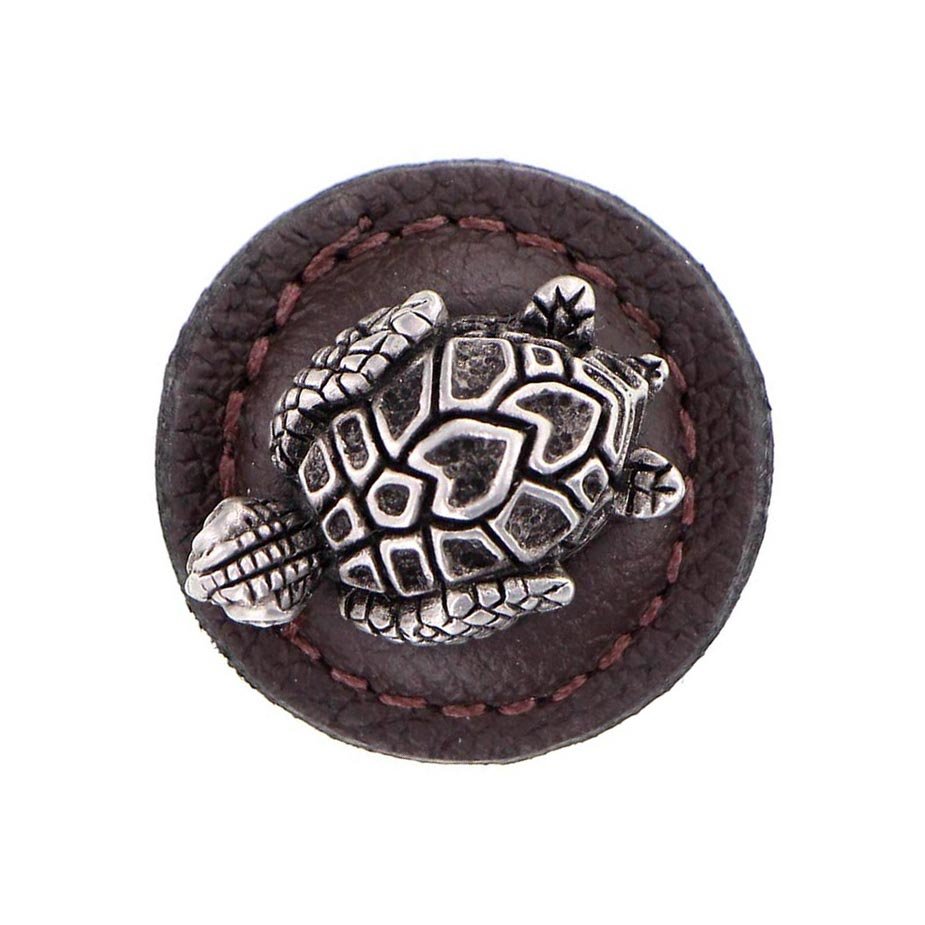 Vicenza Hardware 1 1/4" Round Turtle Knob with Leather Insert in Antique Nickel with Brown Leather Insert