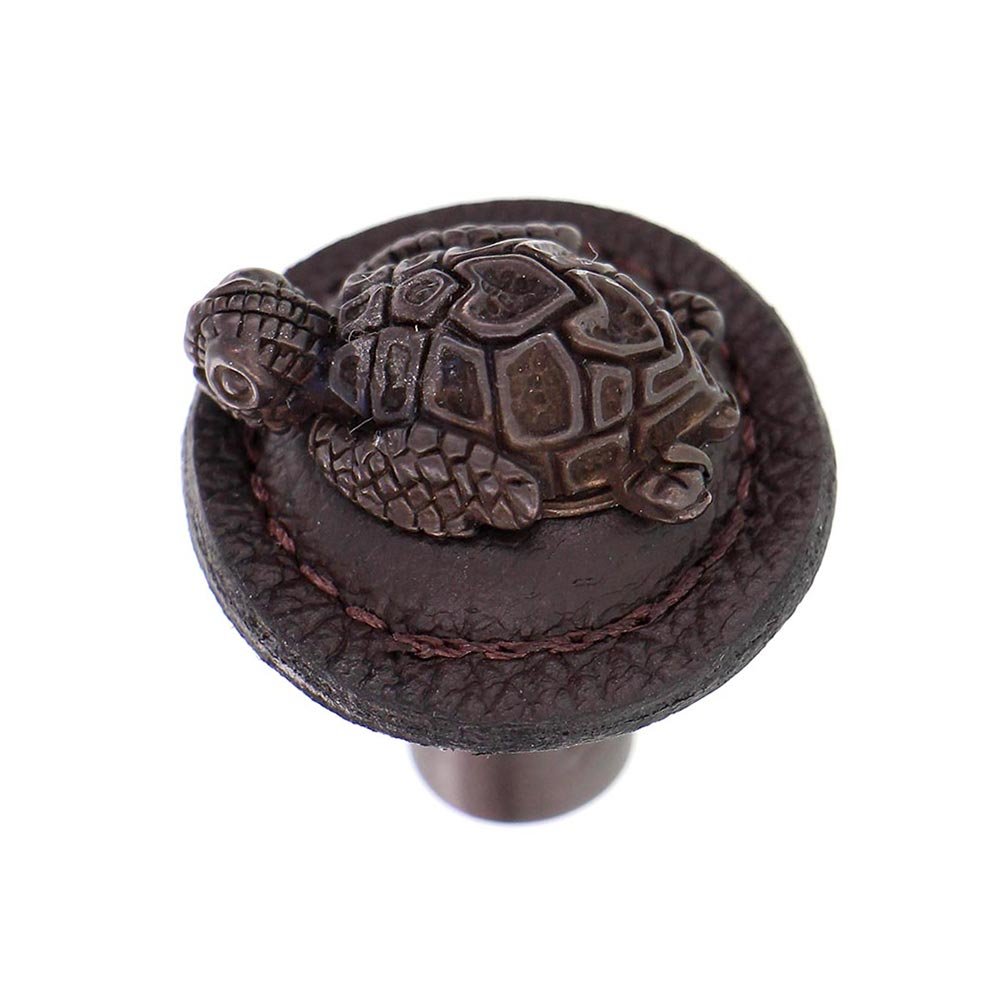 Vicenza Hardware 1 1/4" Round Turtle Knob with Leather Insert in Oil Rubbed Bronze with Brown Leather Insert