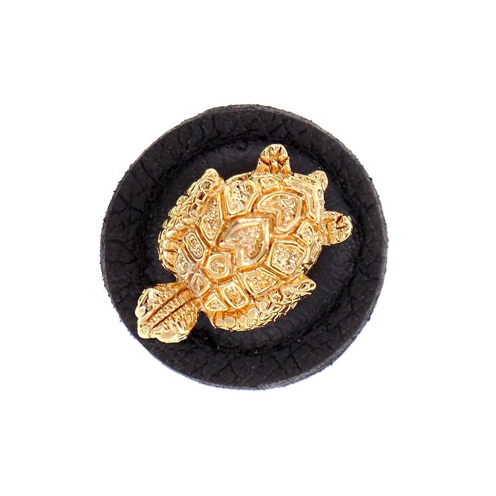 Vicenza Hardware 1 1/4" Round Turtle Knob with Leather Insert in Polished Gold with Black Leather Insert