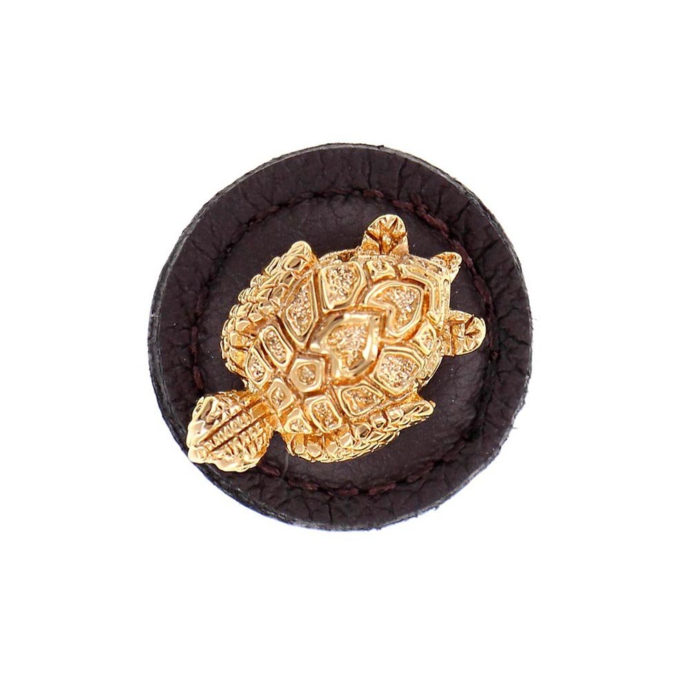 Vicenza Hardware 1 1/4" Round Turtle Knob with Leather Insert in Polished Gold with Brown Leather Insert