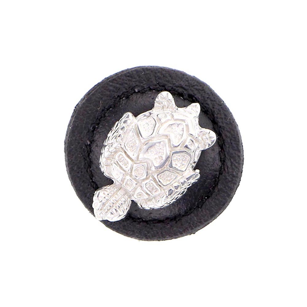 Vicenza Hardware 1 1/4" Round Turtle Knob with Leather Insert in Polished Nickel with Black Leather Insert
