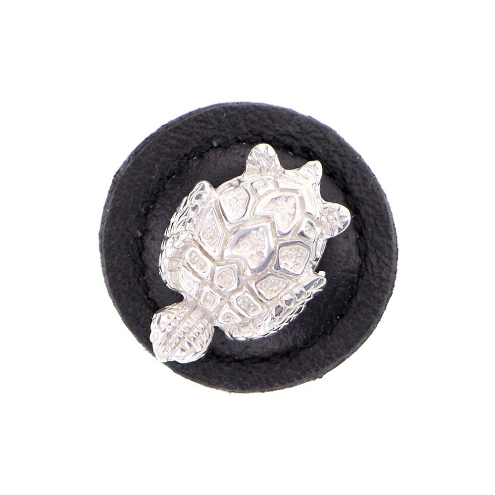 Vicenza Hardware 1 1/4" Round Turtle Knob with Leather Insert in Polished Silver with Black Leather Insert