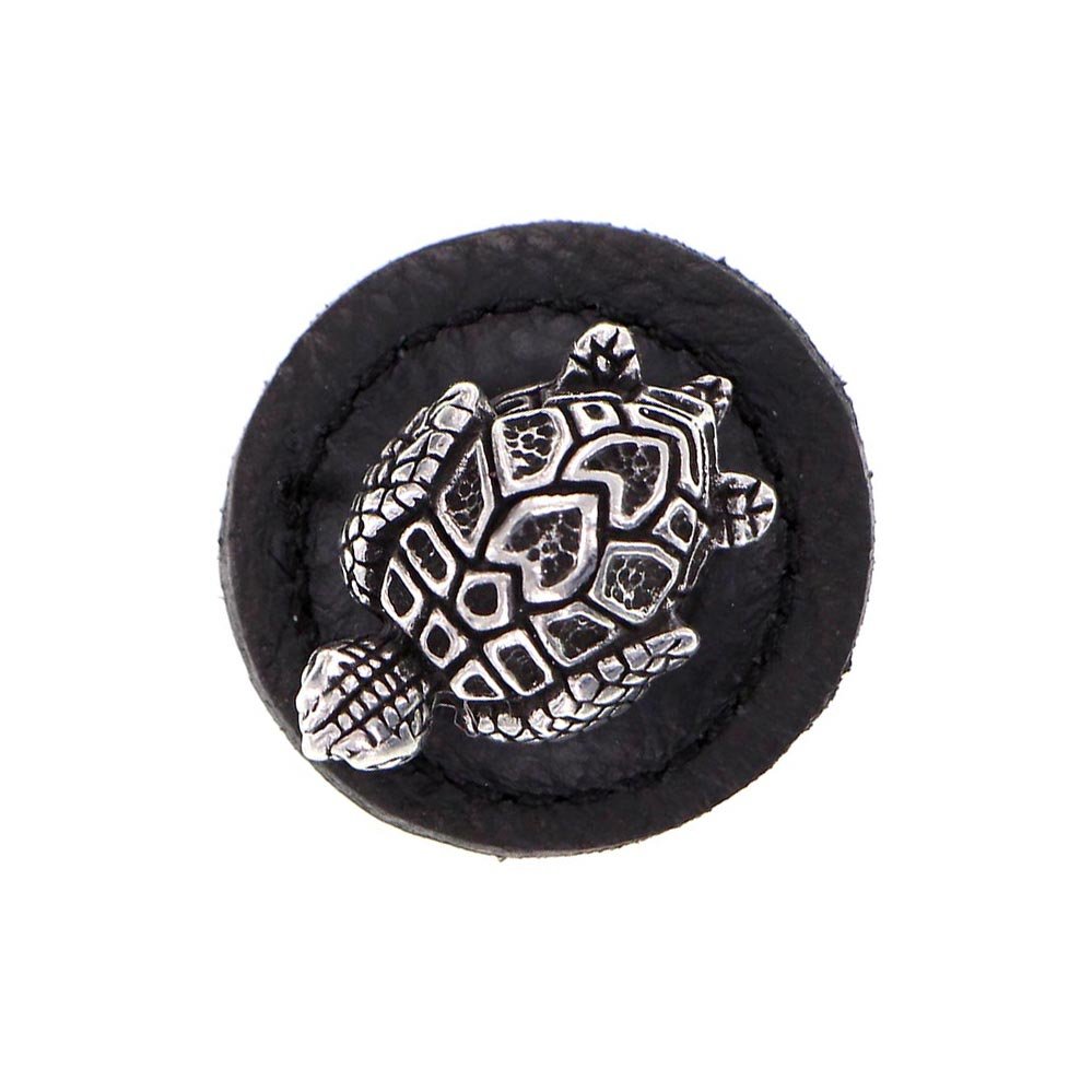Vicenza Hardware 1 1/4" Round Turtle Knob with Leather Insert in Vintage Pewter with Black Leather Insert