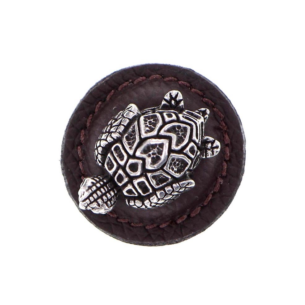 Vicenza Hardware 1 1/4" Round Turtle Knob with Leather Insert in Vintage Pewter with Brown Leather Insert
