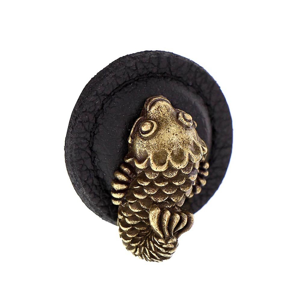 Vicenza Hardware 17 1/4" Round Koi Knob with Leather Insert in Antique Brass