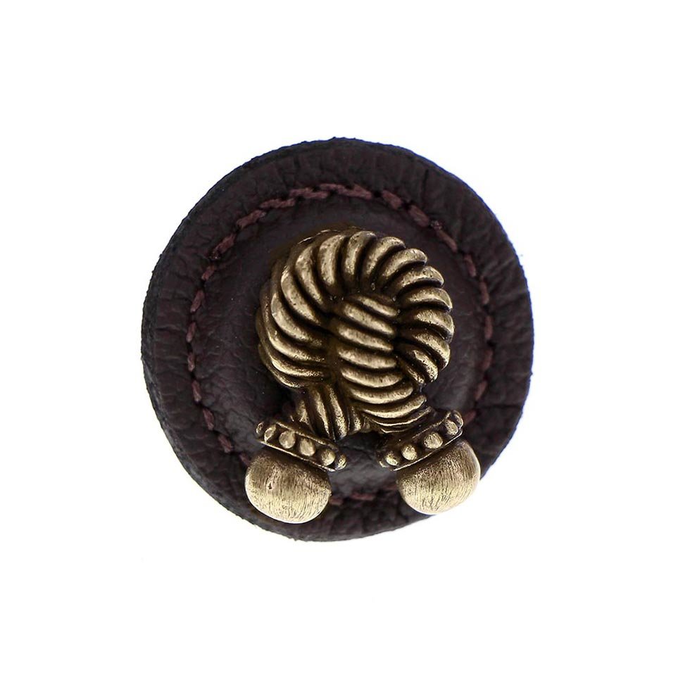 Vicenza Hardware 1 1/4" Round Rope Knob with Leather Insert in Antique Brass with Brown Leather Insert