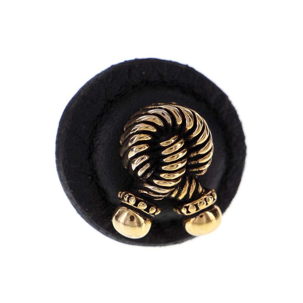 Vicenza Hardware 1 1/4" Round Rope Knob with Leather Insert in Antique Gold with Black Leather Insert