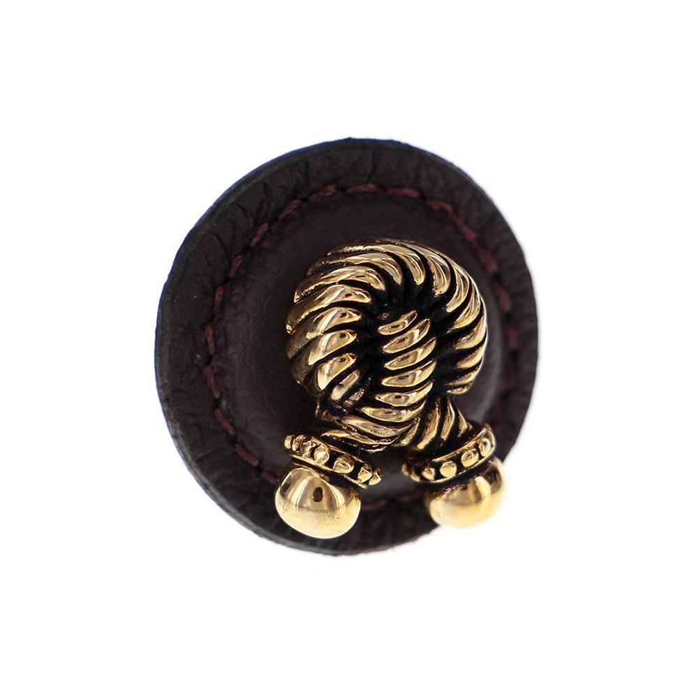 Vicenza Hardware 1 1/4" Round Rope Knob with Leather Insert in Antique Gold with Brown Leather Insert