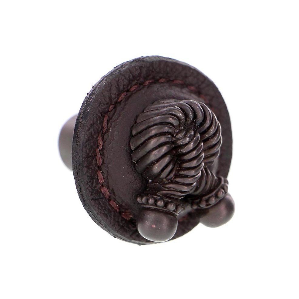 Vicenza Hardware 1 1/4" Round Rope Knob with Leather Insert in Oil Rubbed Bronze with Brown Leather Insert