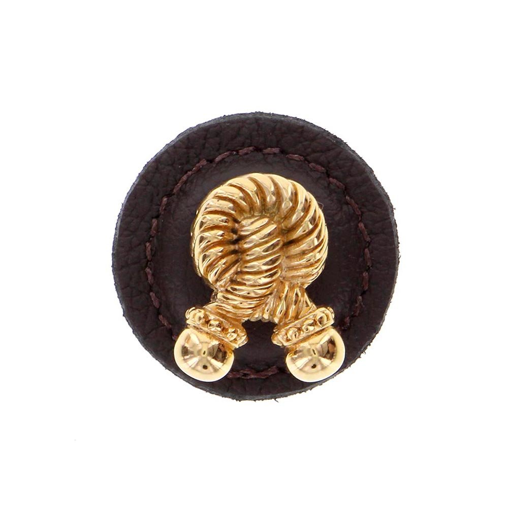 Vicenza Hardware 1 1/4" Round Rope Knob with Leather Insert in Polished Gold with Brown Leather Insert