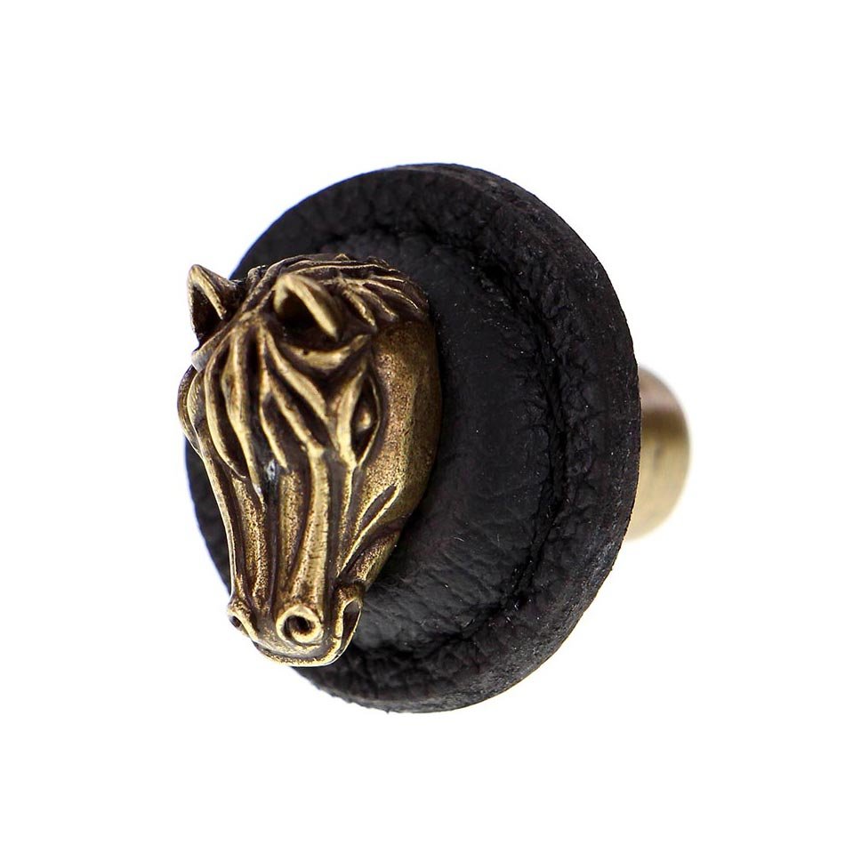 Vicenza Hardware 1 1/4" Round Horse Knob with Leather Insert in Antique Brass with Black Leather Insert