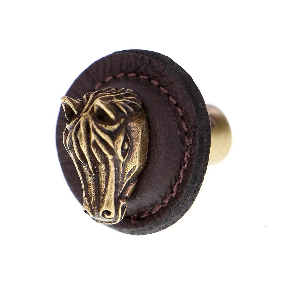 Vicenza Hardware 1 1/4" Round Horse Knob with Leather Insert in Antique Brass with Brown Leather Insert