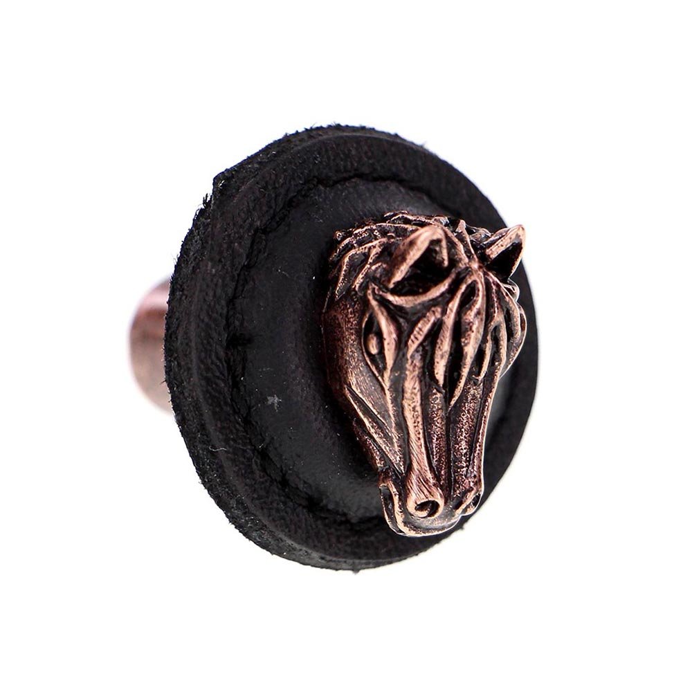 Vicenza Hardware 1 1/4" Round Horse Knob with Leather Insert in Antique Copper with Black Leather Insert