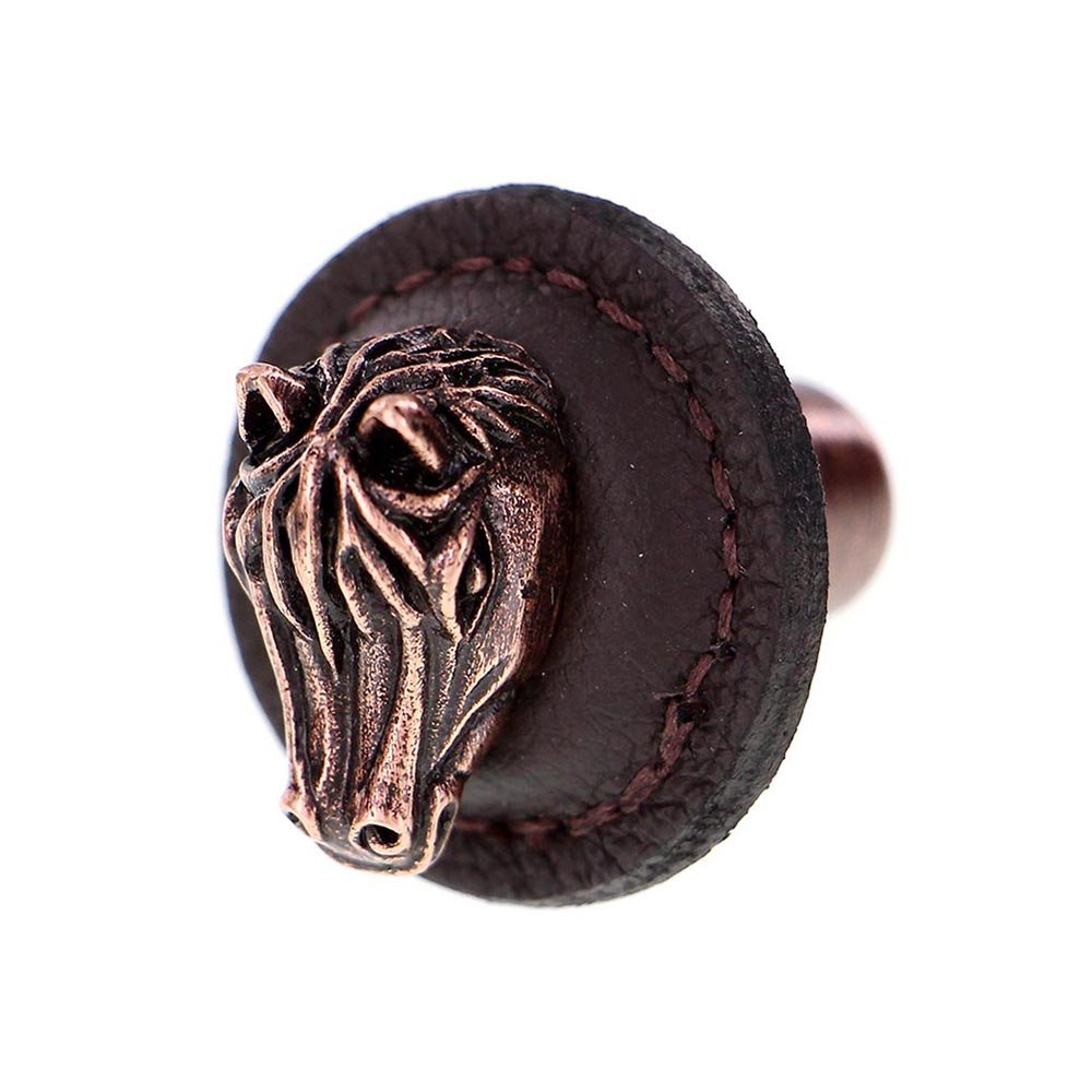 Vicenza Hardware 1 1/4" Round Horse Knob with Leather Insert in Antique Copper with Brown Leather Insert
