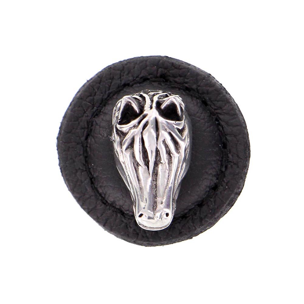 Vicenza Hardware 1 1/4" Round Horse Knob with Leather Insert in Antique Silver with Black Leather Insert