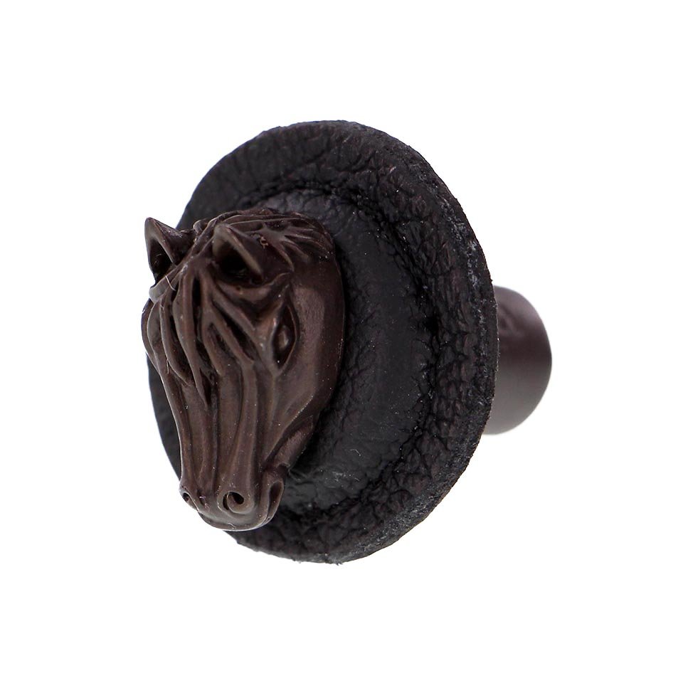 Vicenza Hardware 1 1/4" Round Horse Knob with Leather Insert in Oil Rubbed Bronze with Black Leather Insert