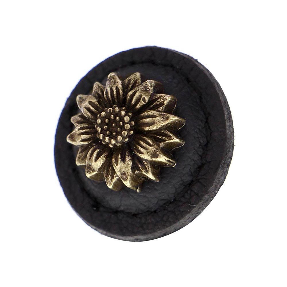 Vicenza Hardware 1 1/4" Daisy Knob with Leather Insert in Antique Brass with Black Leather Insert