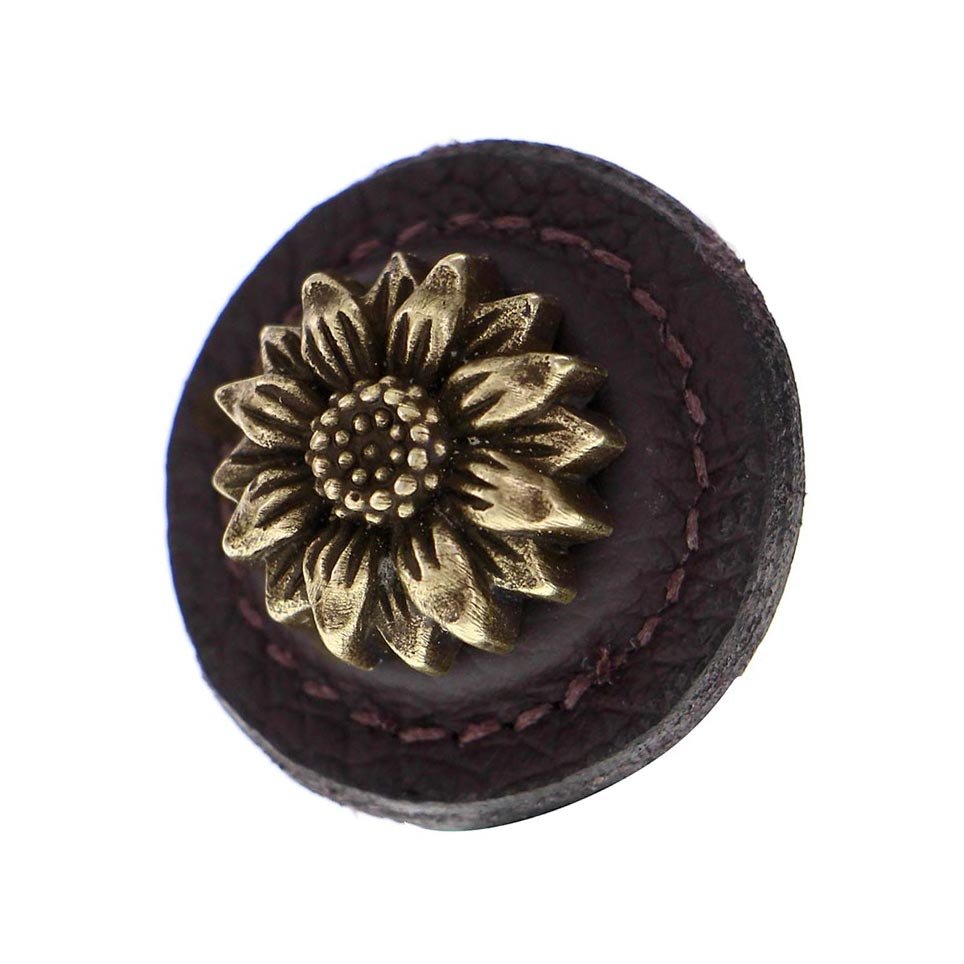 Vicenza Hardware 1 1/4" Daisy Knob with Leather Insert in Antique Brass with Brown Leather Insert