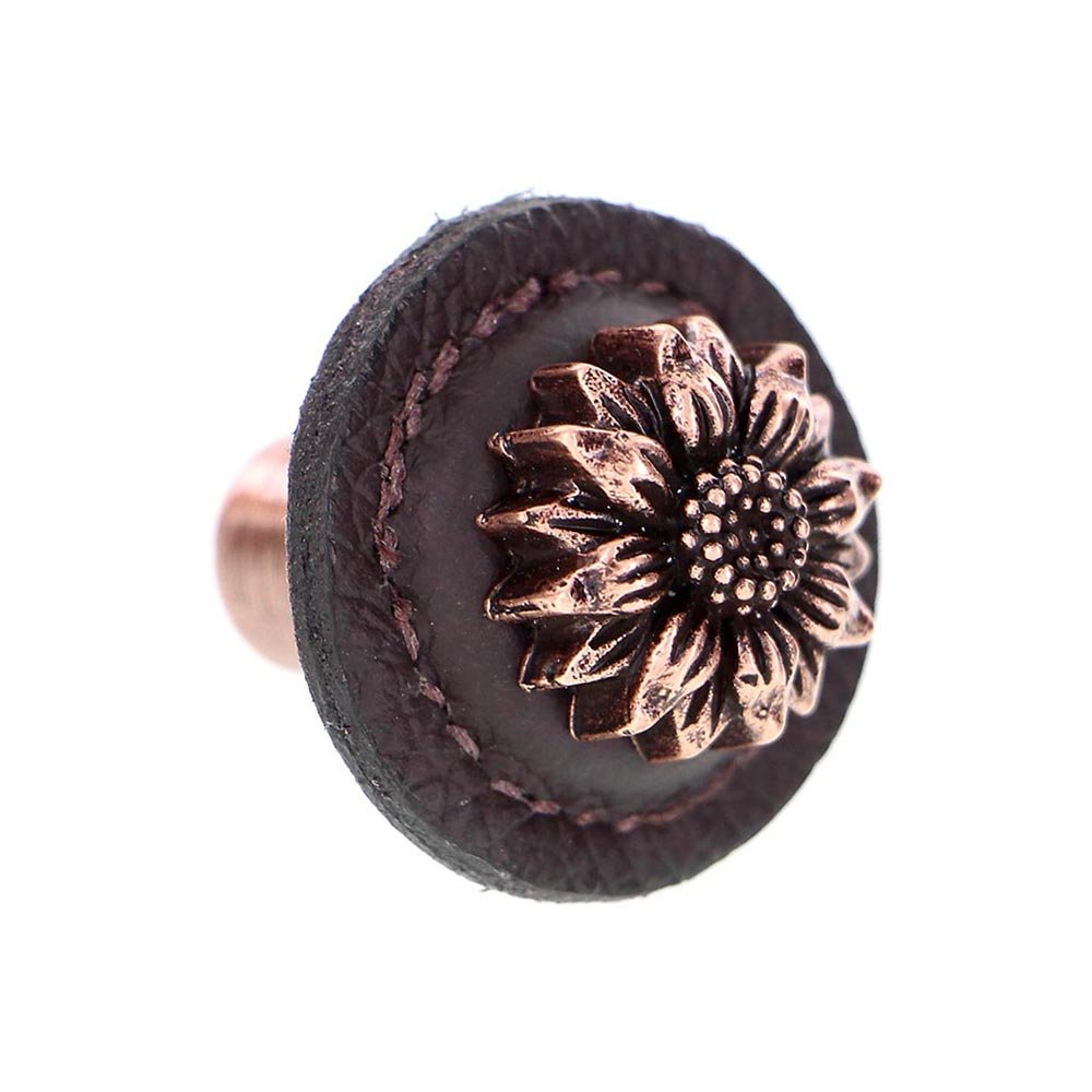 Vicenza Hardware 1 1/4" Daisy Knob with Leather Insert in Antique Copper with Brown Leather Insert