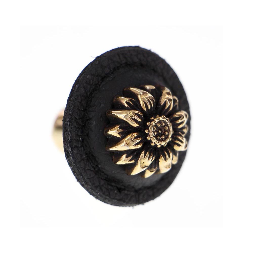 Vicenza Hardware 1 1/4" Daisy Knob with Leather Insert in Antique Gold with Black Leather Insert