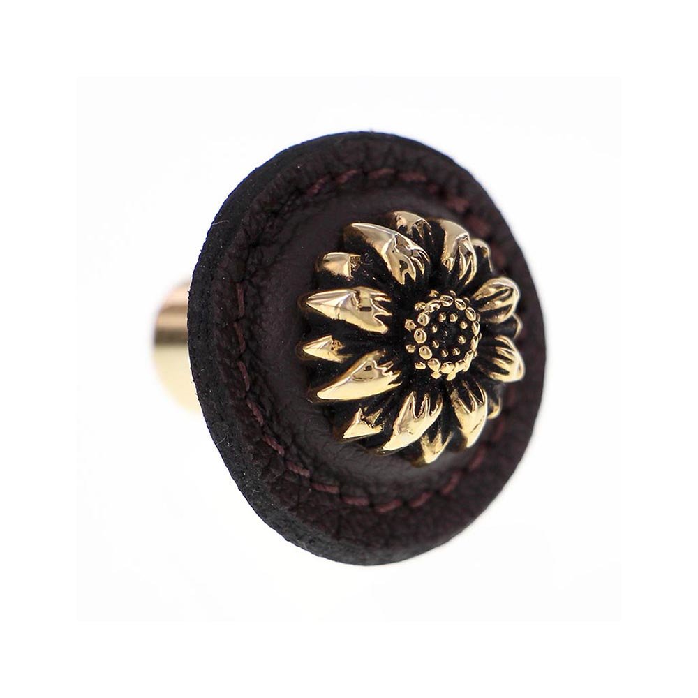 Vicenza Hardware 1 1/4" Daisy Knob with Leather Insert in Antique Gold with Brown Leather Insert