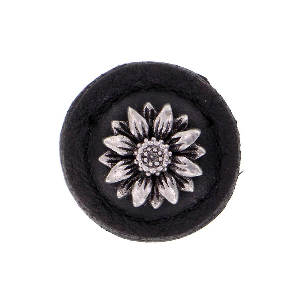 Vicenza Hardware 1 1/4" Daisy Knob with Leather Insert in Antique Nickel with Black Leather Insert