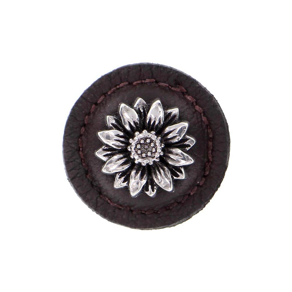Vicenza Hardware 1 1/4" Daisy Knob with Leather Insert in Antique Silver with Brown Leather Insert