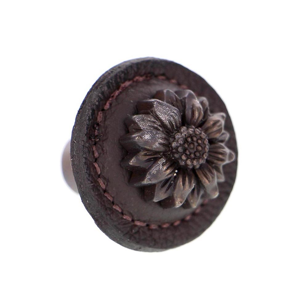 Vicenza Hardware 1 1/4" Daisy Knob with Leather Insert in Oil Rubbed Bronze with Brown Leather Insert