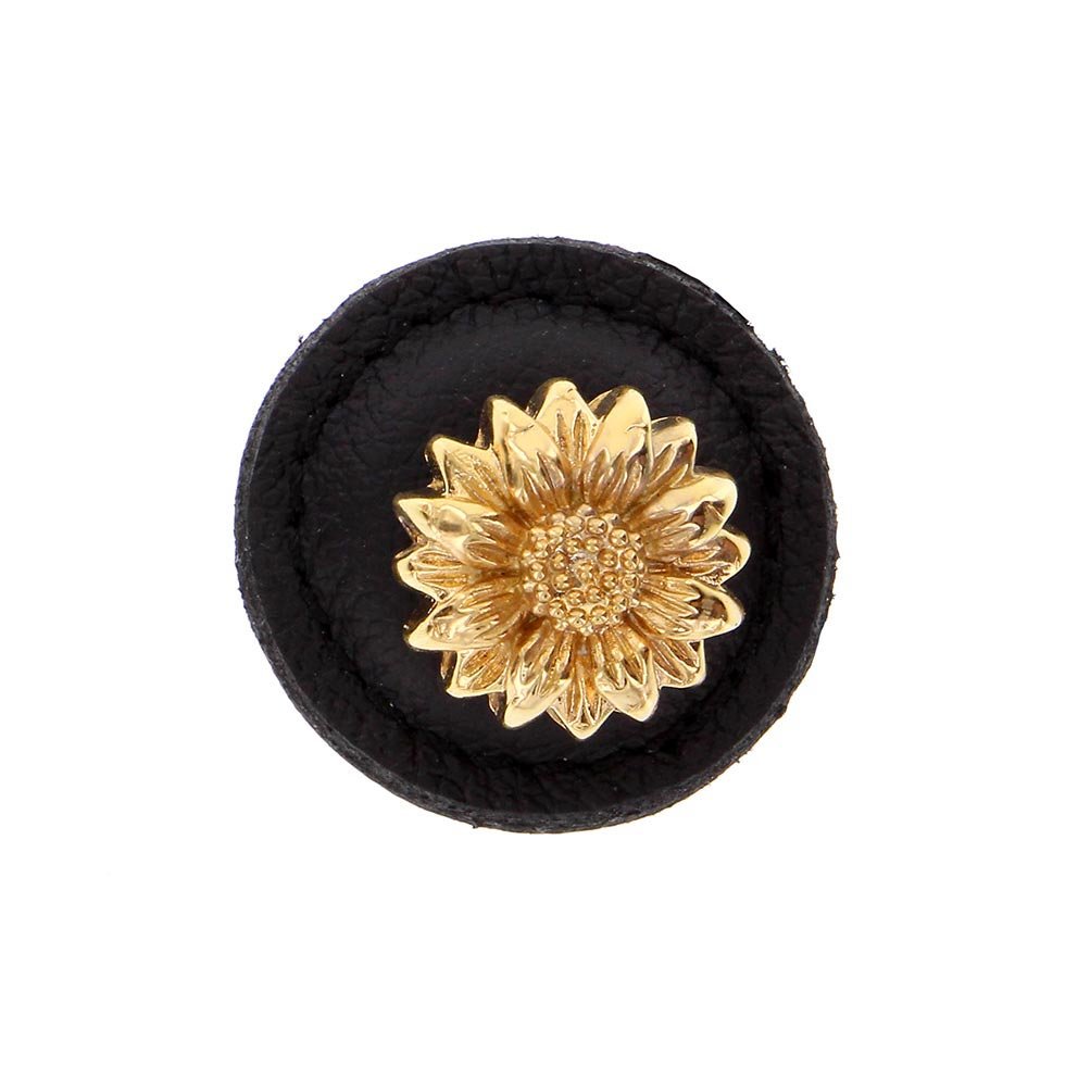 Vicenza Hardware 1 1/4" Daisy Knob with Leather Insert in Polished Gold with Black Leather Insert