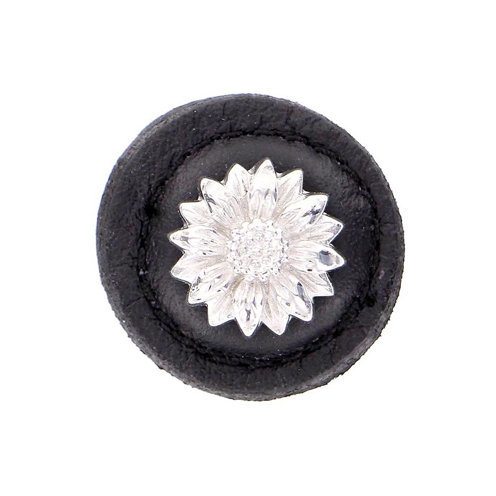 Vicenza Hardware 1 1/4" Daisy Knob with Leather Insert in Polished Nickel with Black Leather Insert