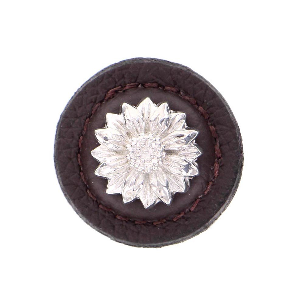 Vicenza Hardware 1 1/4" Daisy Knob with Leather Insert in Polished Silver with Brown Leather Insert