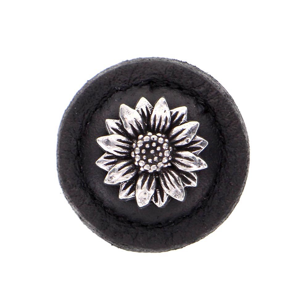 Vicenza Hardware 1 1/4" Daisy Knob with Leather Insert in Vintage Pewter with Black Leather Insert