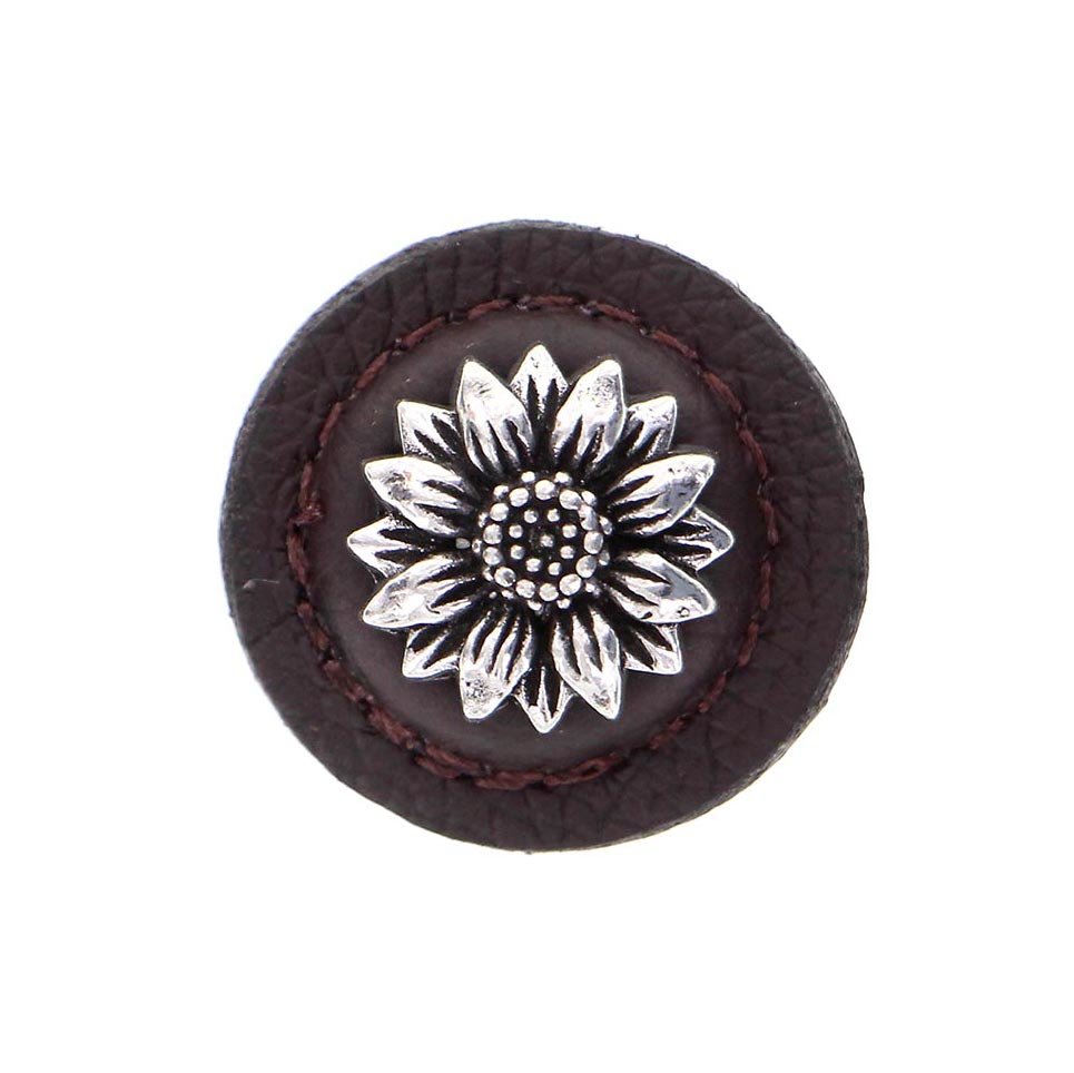 Vicenza Hardware 1 1/4" Daisy Knob with Leather Insert in Vintage Pewter with Brown Leather Insert