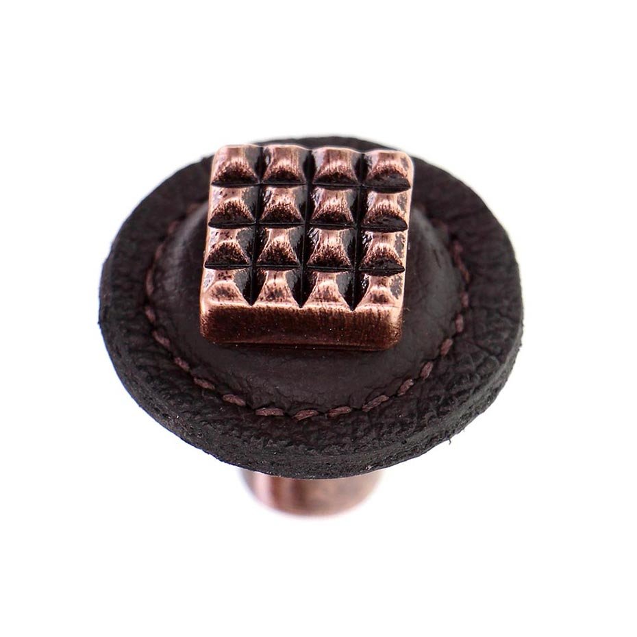 Vicenza Hardware 1 1/4" Square Knob with Leather Insert in Antique Copper with Brown Leather Insert