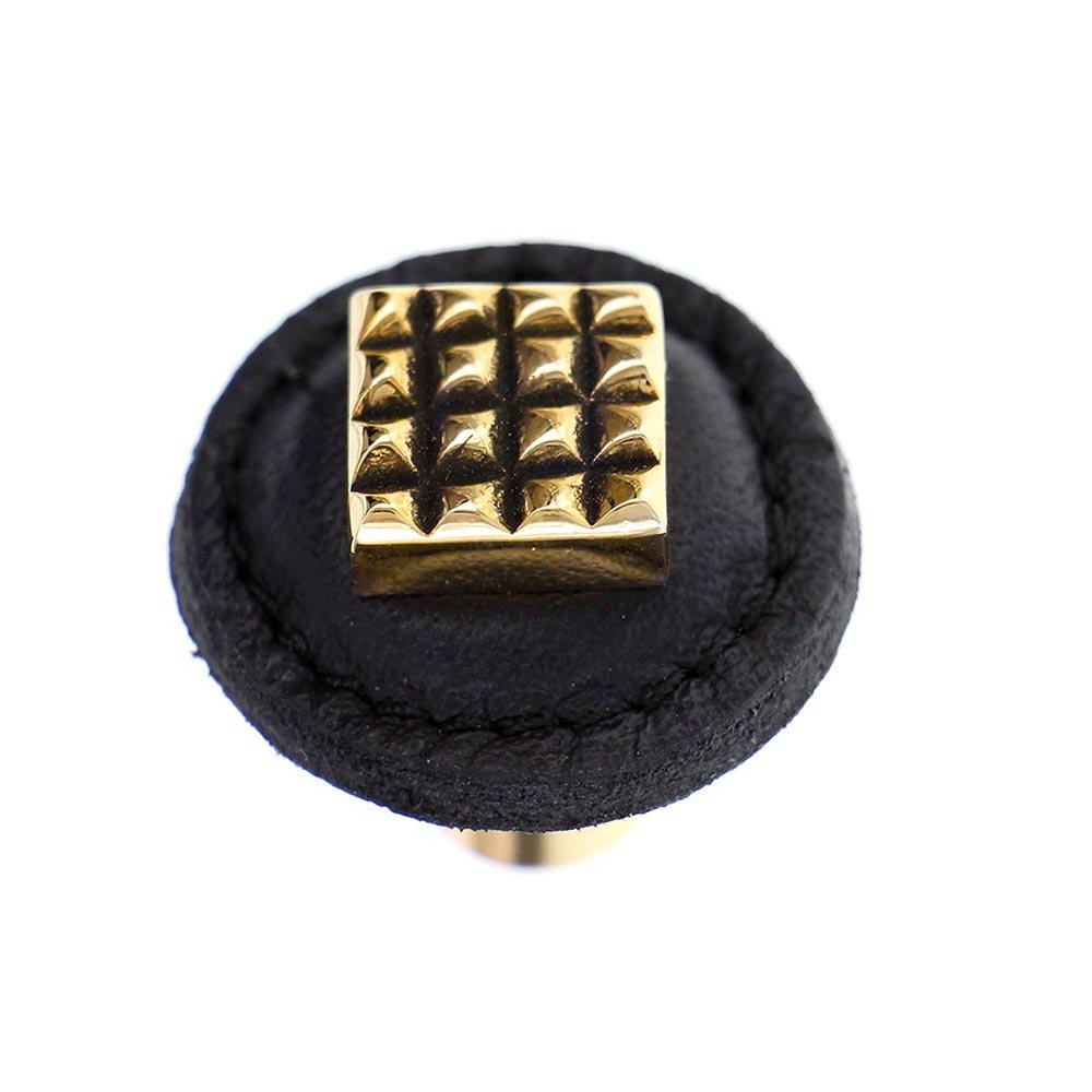 Vicenza Hardware 1 1/4" Square Knob with Leather Insert in Antique Gold with Black Leather Insert