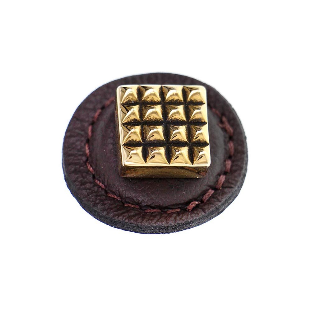 Vicenza Hardware 1 1/4" Square Knob with Leather Insert in Antique Gold with Brown Leather Insert