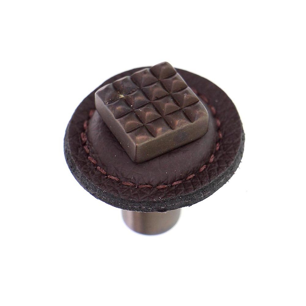 Vicenza Hardware 1 1/4" Square Knob with Leather Insert in Oil Rubbed Bronze with Brown Leather Insert