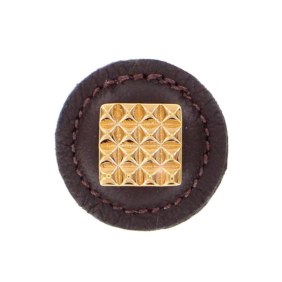 Vicenza Hardware 1 1/4" Square Knob with Leather Insert in Polished Gold with Brown Leather Insert