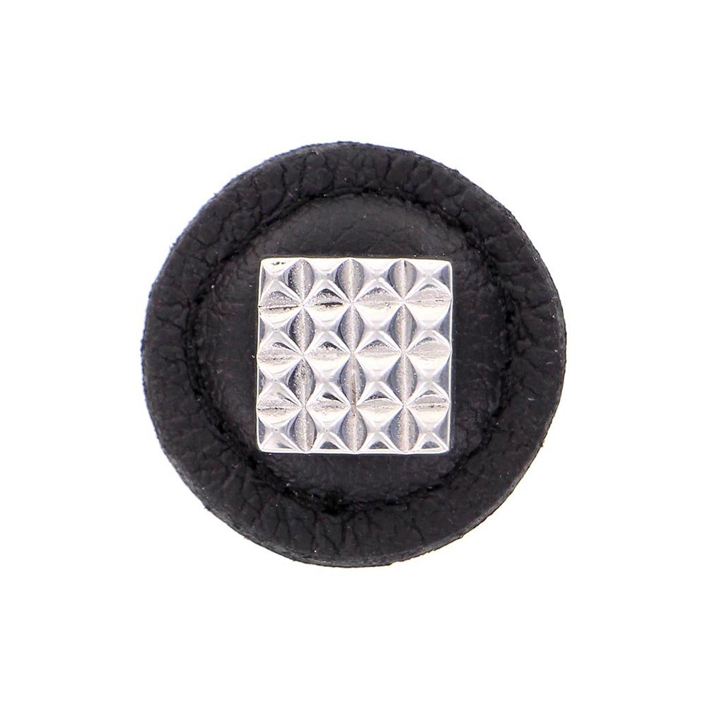 Vicenza Hardware 1 1/4" Square Knob with Leather Insert in Polished Silver with Black Leather Insert