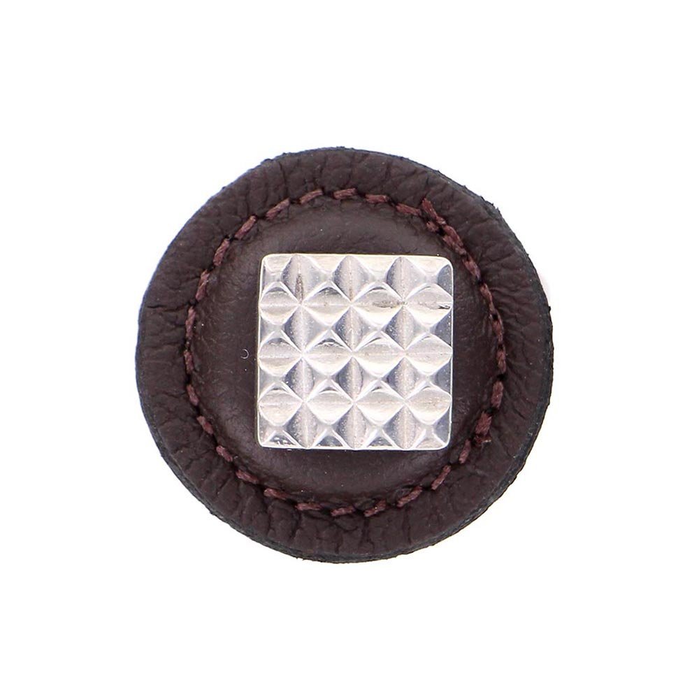 Vicenza Hardware 1 1/4" Square Knob with Leather Insert in Polished Silver with Brown Leather Insert