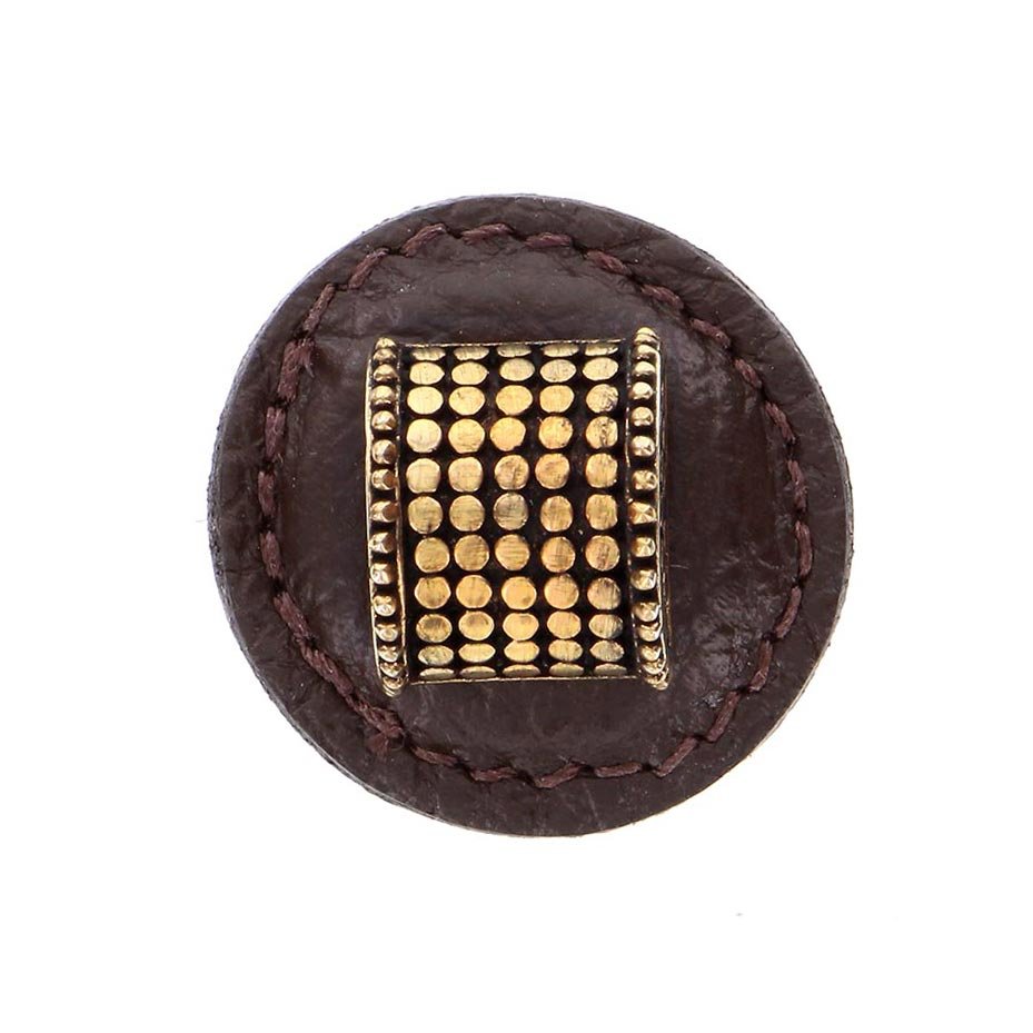 Vicenza Hardware 1 1/4" Half Cylindrical Knob with Leather Insert in Antique Gold with Brown Leather Insert