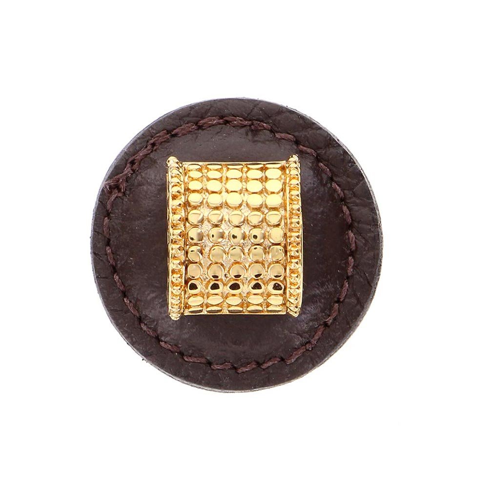 Vicenza Hardware 1 1/4" Half Cylindrical Knob with Leather Insert in Polished Gold with Brown Leather Insert