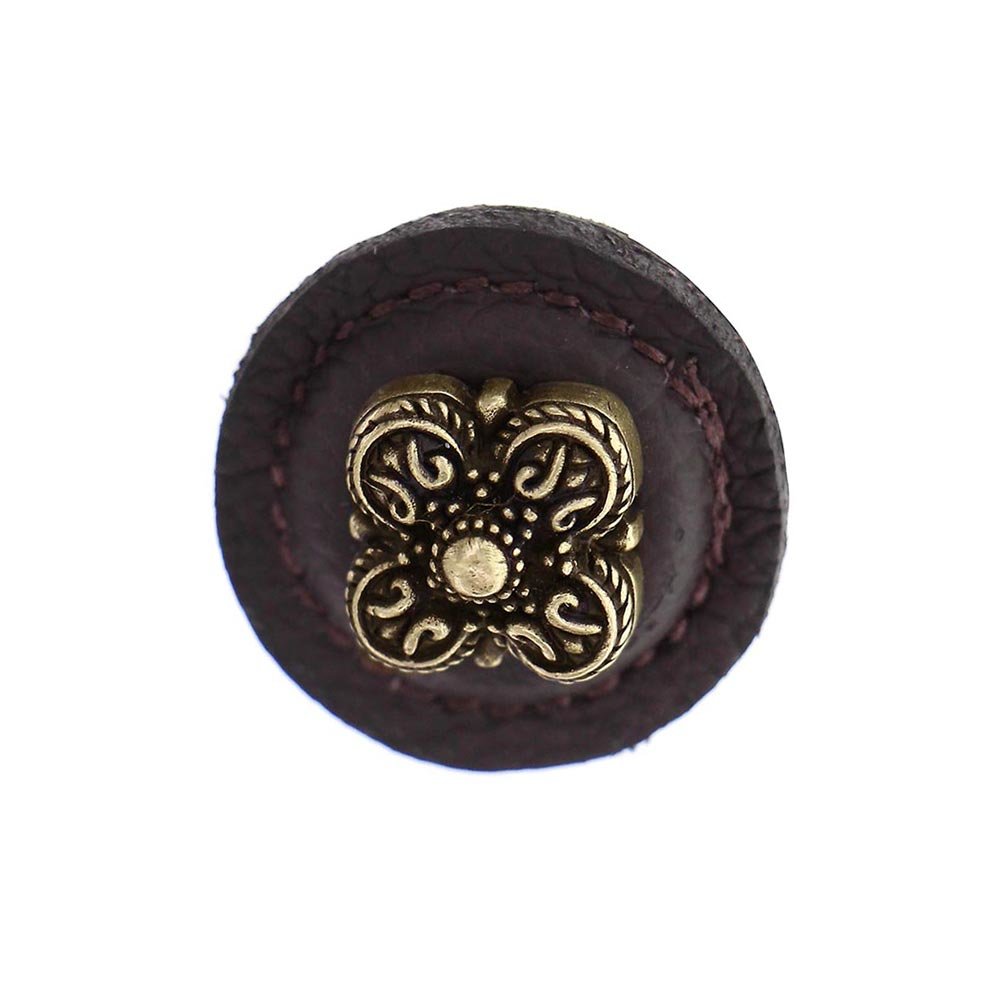 Vicenza Hardware 1 1/4" Round Knob with Leather Insert in Antique Brass with Brown Leather Insert
