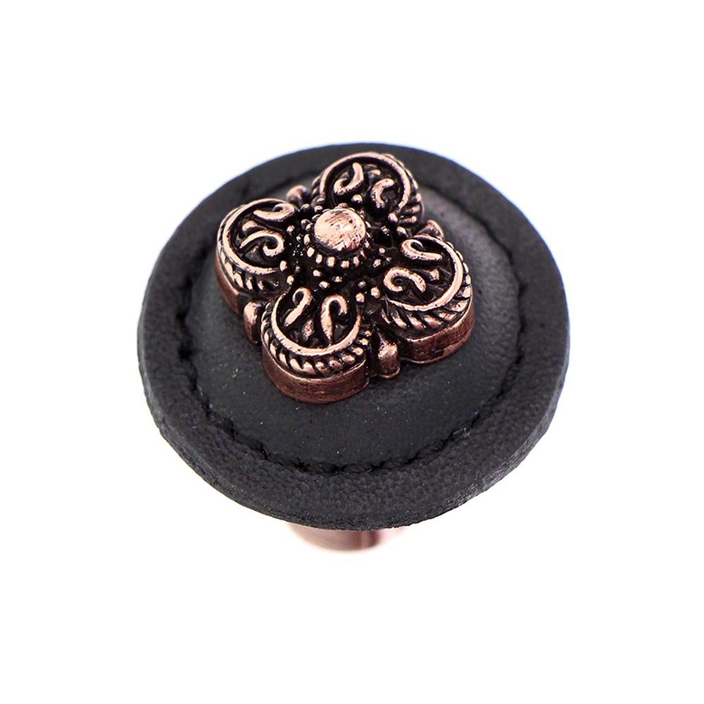 Vicenza Hardware 1 1/4" Round Knob with Leather Insert in Antique Copper with Black Leather Insert