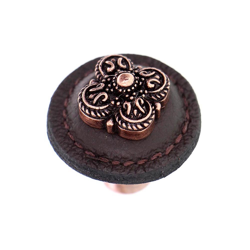 Vicenza Hardware 1 1/4" Round Knob with Leather Insert in Antique Copper with Brown Leather Insert