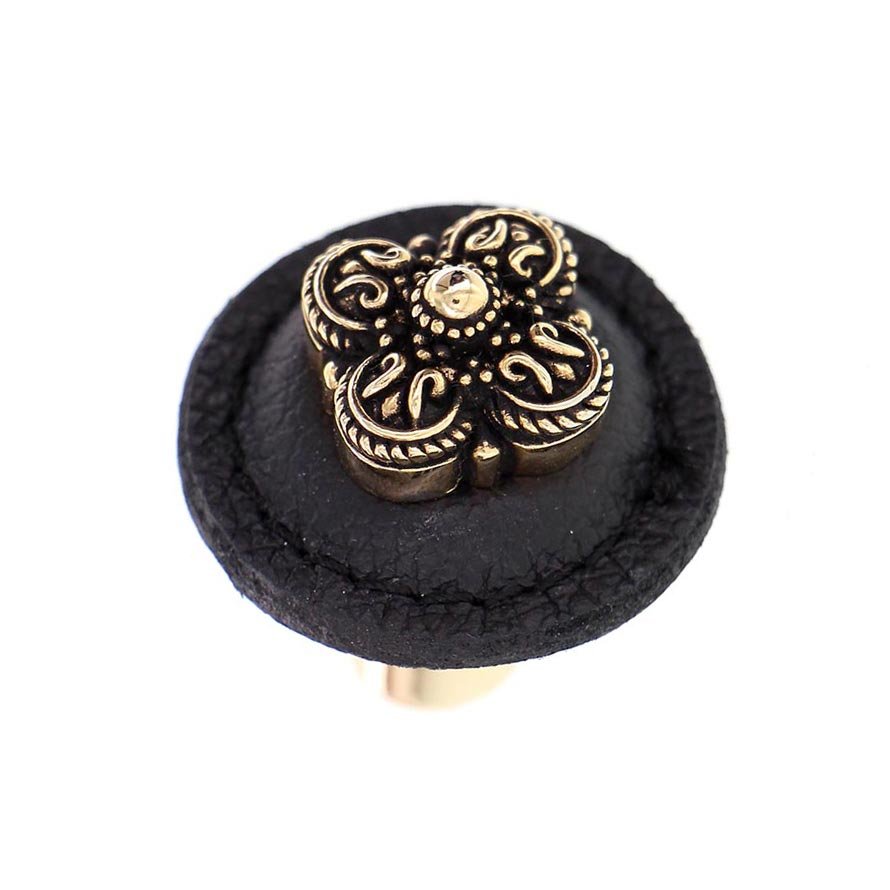 Vicenza Hardware 1 1/4" Round Knob with Leather Insert in Antique Gold with Black Leather Insert