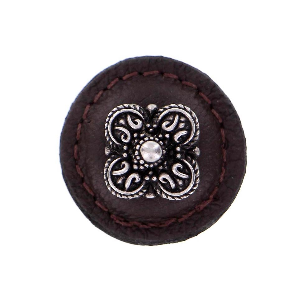 Vicenza Hardware 1 1/4" Round Knob with Leather Insert in Antique Nickel with Brown Leather Insert