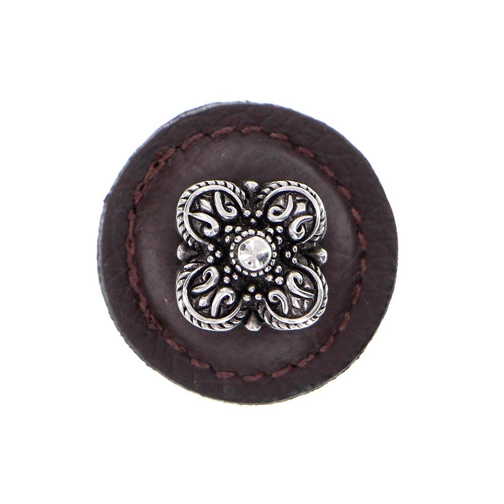 Vicenza Hardware 1 1/4" Round Knob with Leather Insert in Antique Silver with Brown Leather Insert