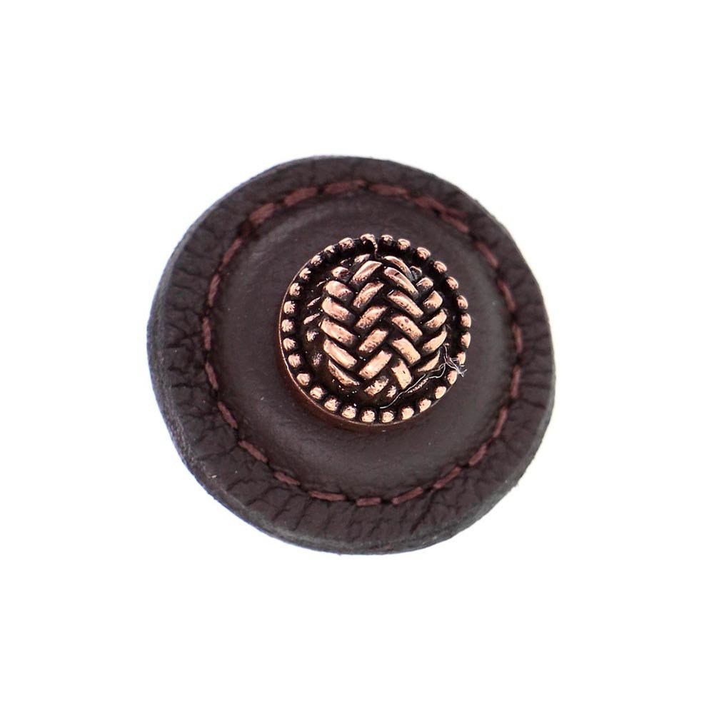 Vicenza Hardware 1 1/4" Round Knob with Leather Insert in Antique Copper with Brown Leather Insert