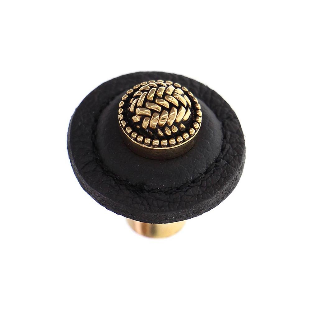 Vicenza Hardware 1 1/4" Round Knob with Leather Insert in Antique Gold with Black Leather Insert